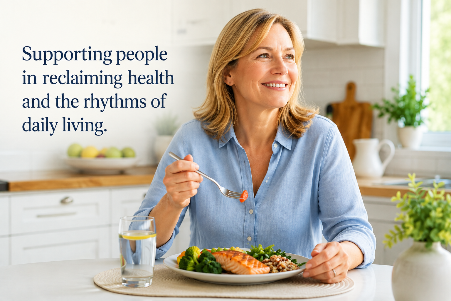 A woman enjoying a healthy, balanced meal in a bright modern kitchen